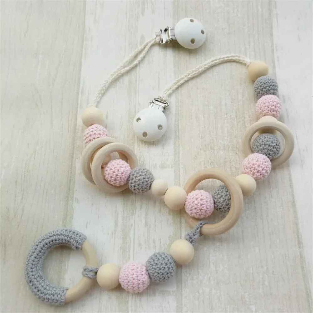 Crochet Baby Teether Organic Wood Pram Chain Stroller Hanging Toy