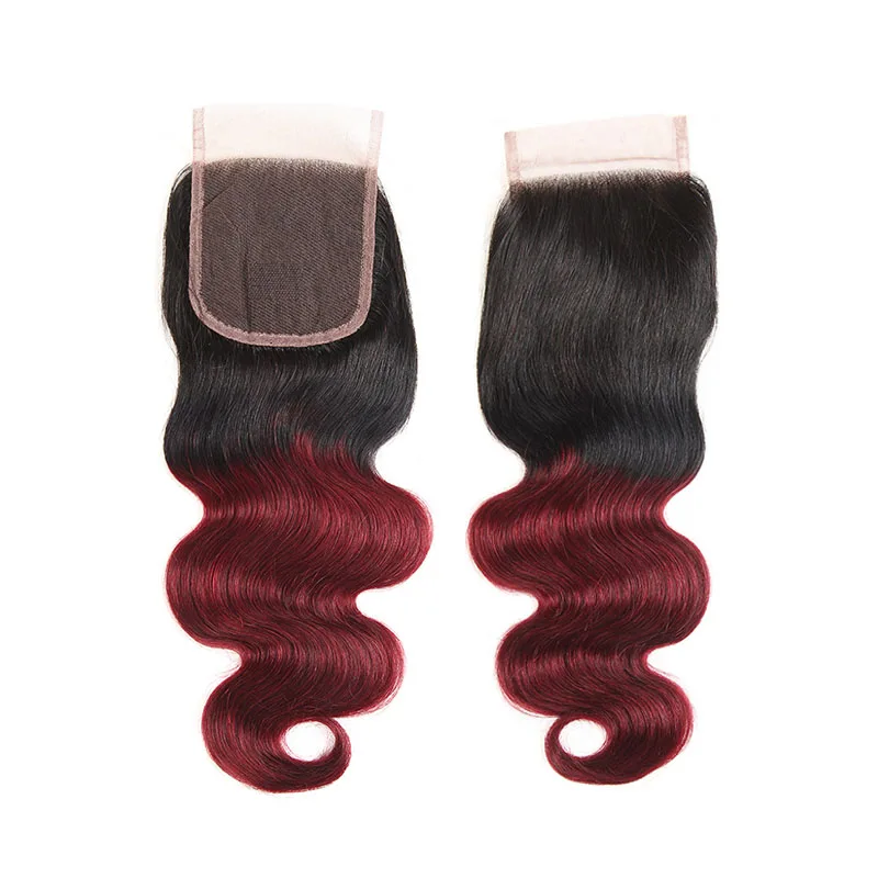 
Wholesale Ombre Human Hair 3 Bundles Burgundy Brazilian Two Tone Virgin Hair Weave with Lace Closure 