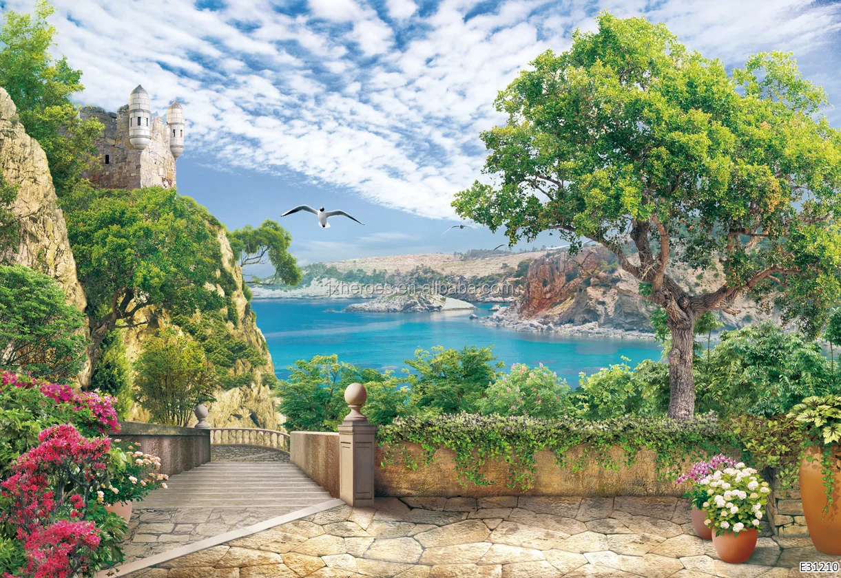 European Town and Beach Scenery Living Room TV Background Wall Mural Wallpaper 3D
