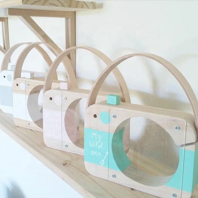 Wood Crafts Clear Camera Shape Piggy Bank Wooden Kids Room Decoration Money Saving Box