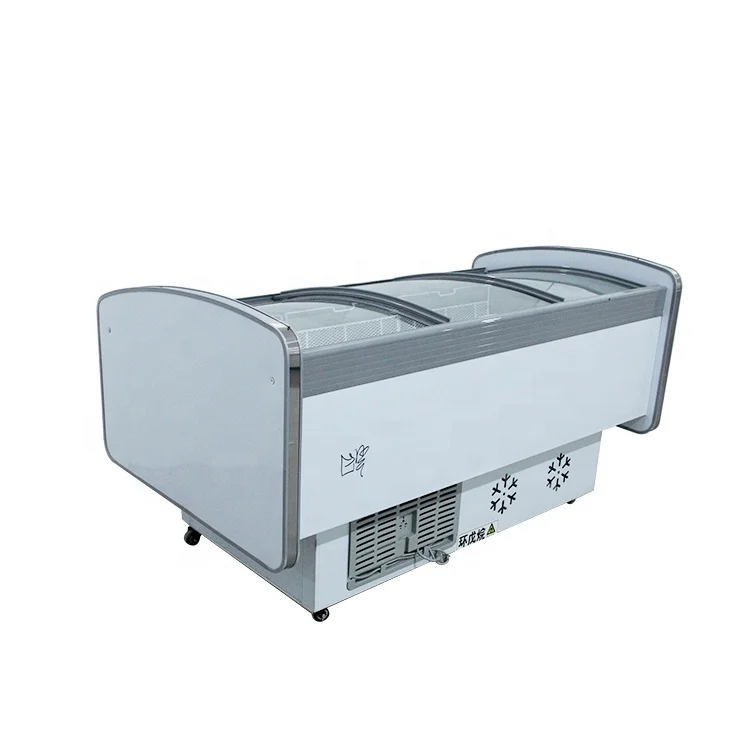 custom Curved side dish island horizontal commercial refrigerated display cabinet supermarket barbecue chest freezer