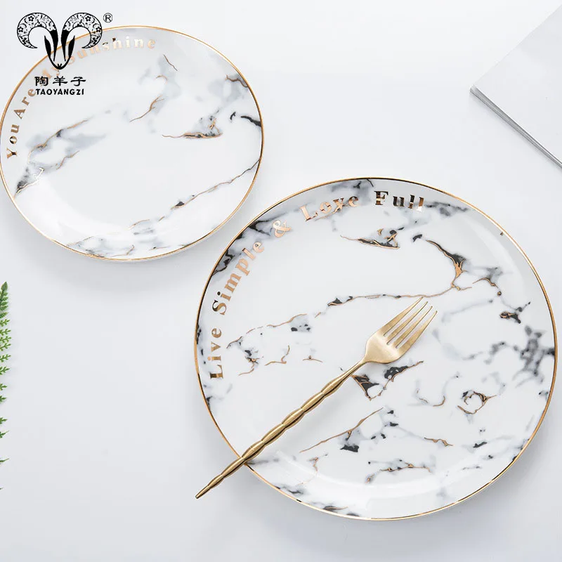 Luxury dinner dinnerware plate set gold rim marble ceramic plate