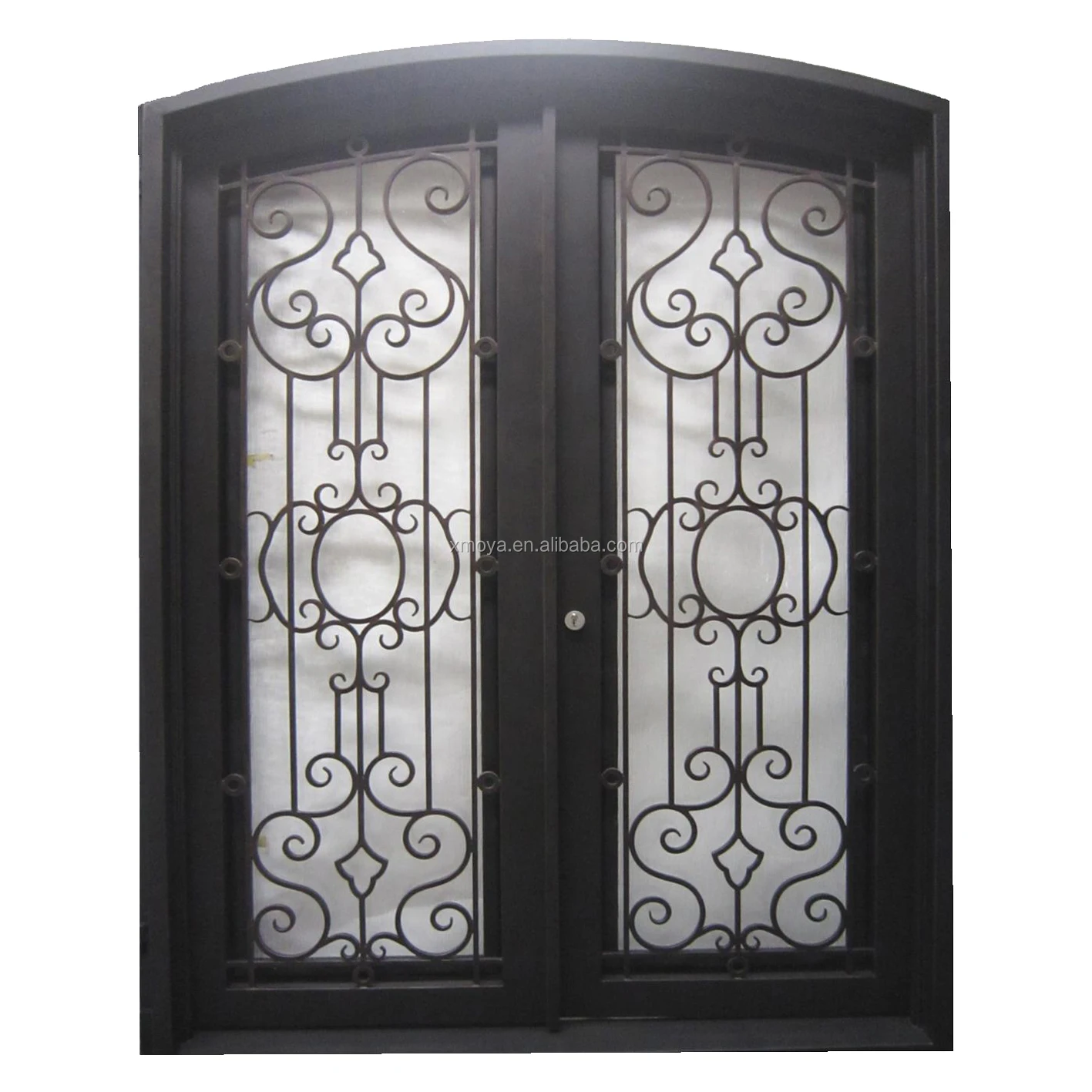 Modern Sheet Metal Wrought Iron Main Double Entrance Steel Beautiful Design Eyebrow Front Bronze Security Iron Doors For House