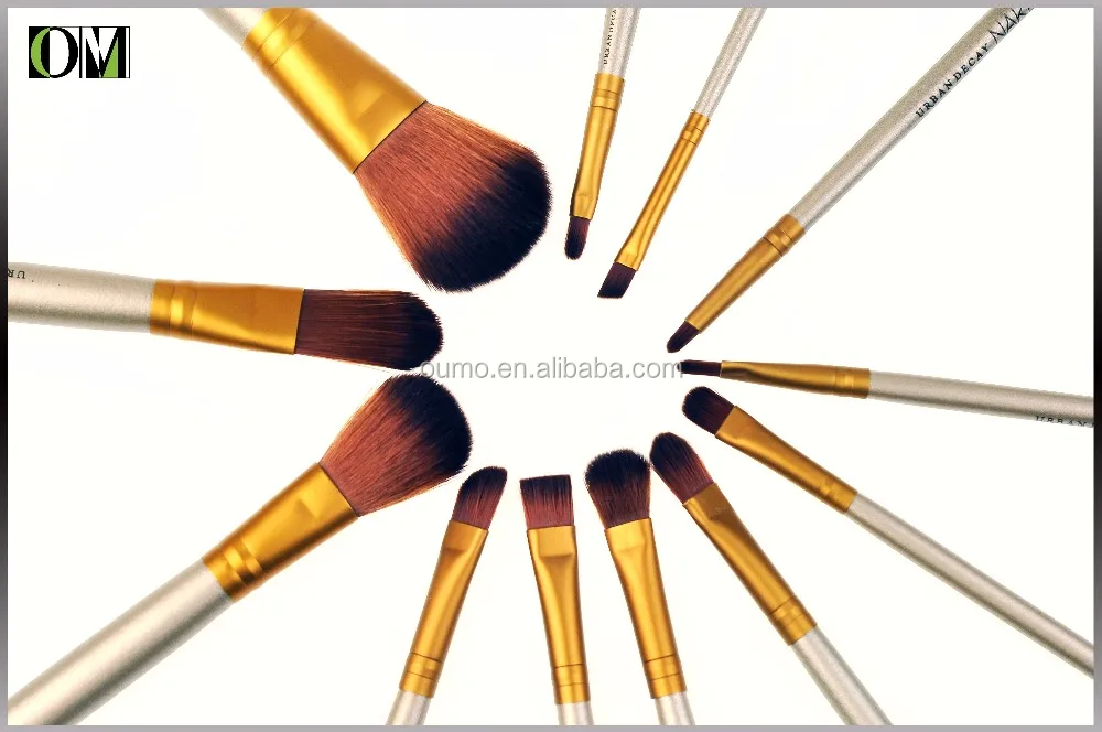 OUMO--Nake3 short handle portable 12pcs champagne makeup brush set iron box with private label