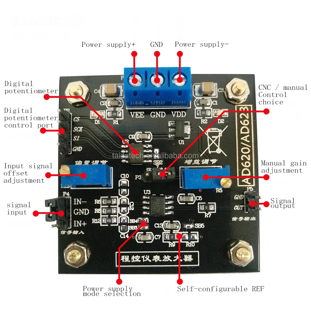 Taidacent AD620 Module High-Precision Instrumentation Amplifier Single-Ended/Differential Out Portable Amplifier Plate Amplifier