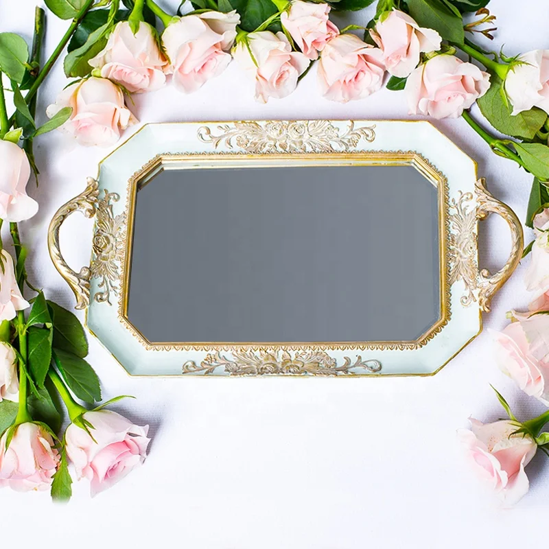 gold decorative glass mirror vanity tray centerpiece serving wedding arab cosmetic luxury resin mirror tray custom with handles
