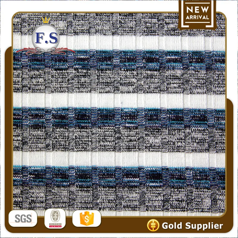 30.5/66.5/3 Rayon/Poly/Spandex blue melange white striped with slub ribbing fabric for sweater