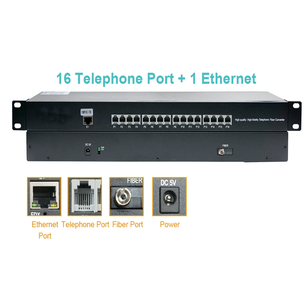 16 channels Telephone portand 1 channel Ethernet interface Fiber transceiver