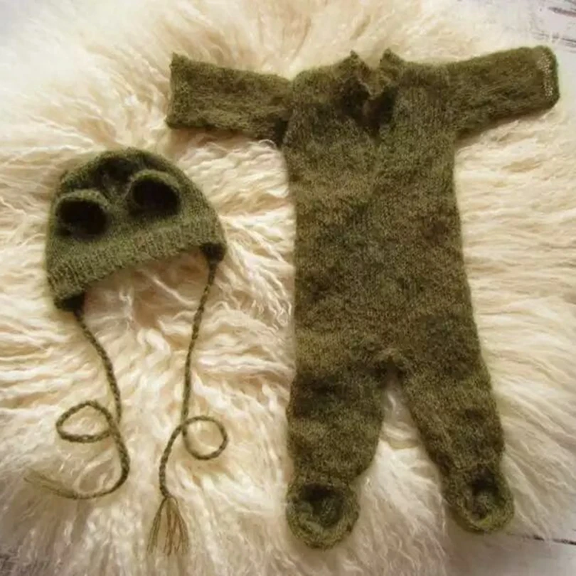 Wool clothes Cap Knitted Baby Teddy Bear Hat and footed Romper Crochet Baby Outfit Photography Props