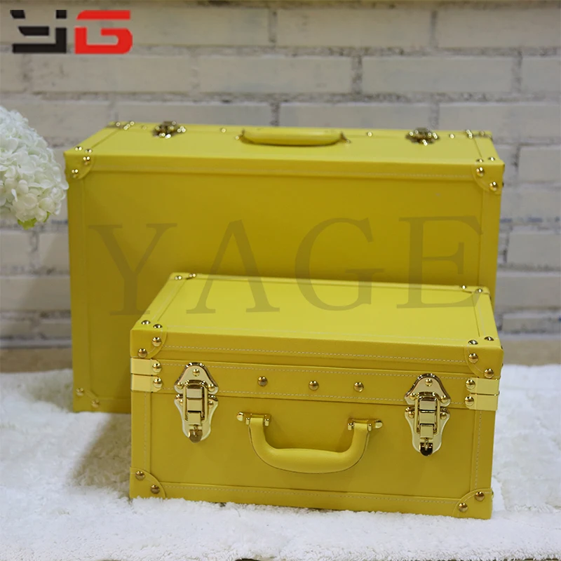 Decorative set of 3 yellow vintage faux leather wood classic suitcase