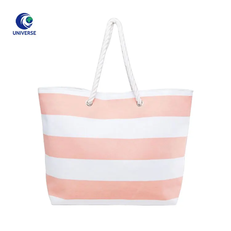 Wholesale Women Thick Striped Fabric Long Strap Big Shoulder Beach Canvas Tote Bag With Rope Handle
