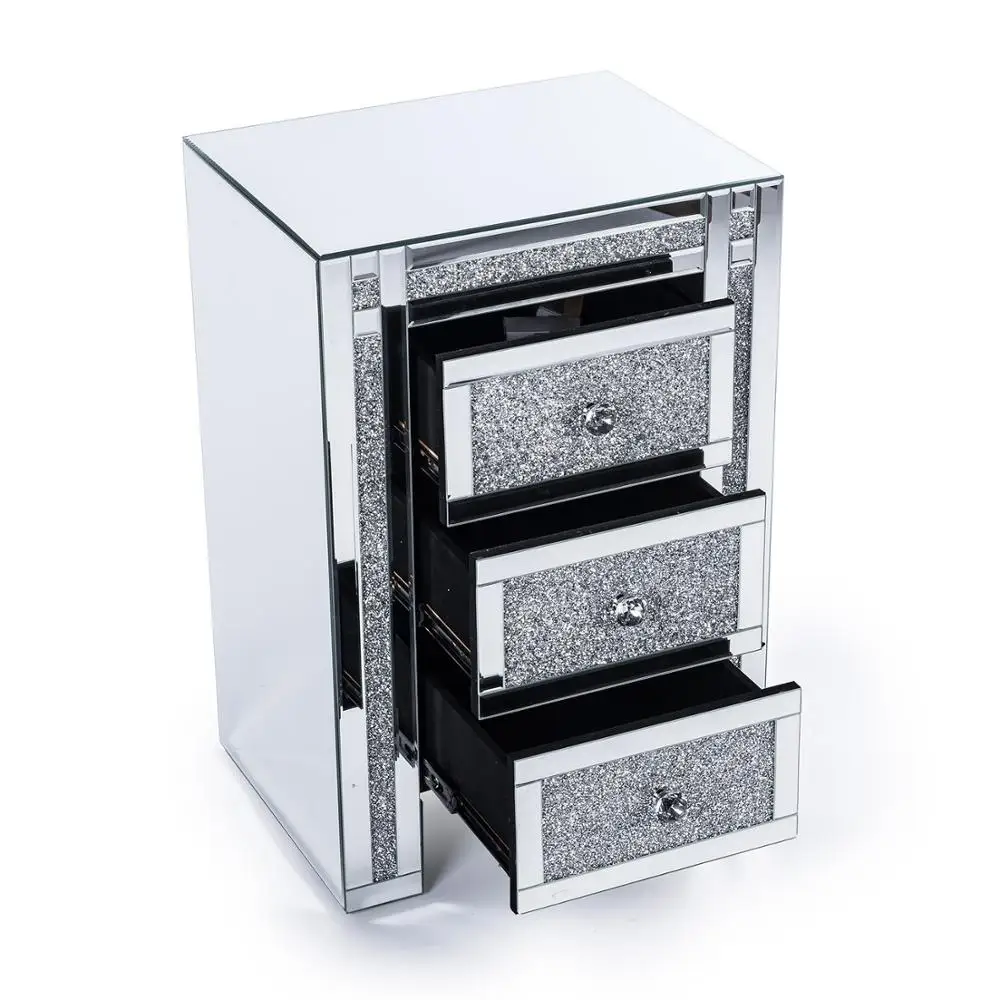 Diamond crush crystal handle 3 drawers mirrored nightstand