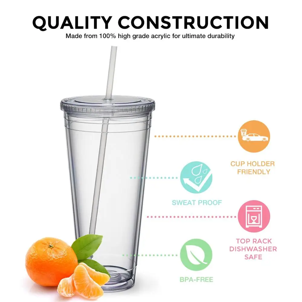 Wholesale BPA free reusable plastic cup sweat proof tumbler bottle with straw and lid