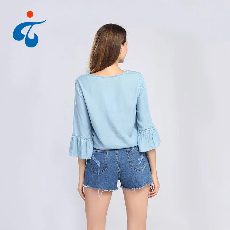 Modern design summer plain dyed denim shirts for women blouses