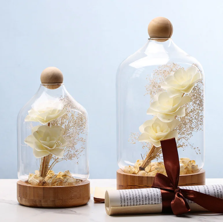 Beauty and the Beast Inspired Red Rose Flower LED Light with Fallen Petals in a Glass Dome on a Wooden Base