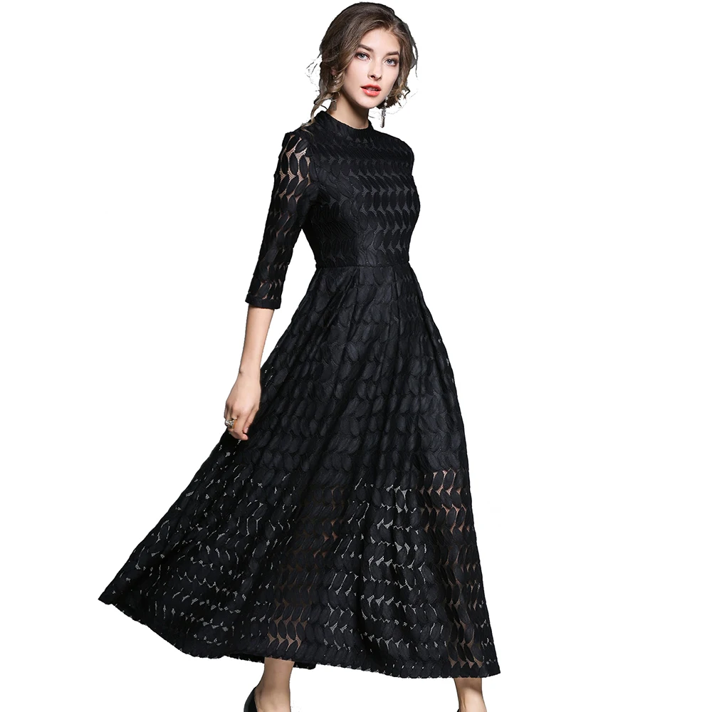 
Wholesale European and American Women Fashion M to XL Three Quarter Sleeve 3/4 Sleeve Vintage Black Maxi Lace dress 