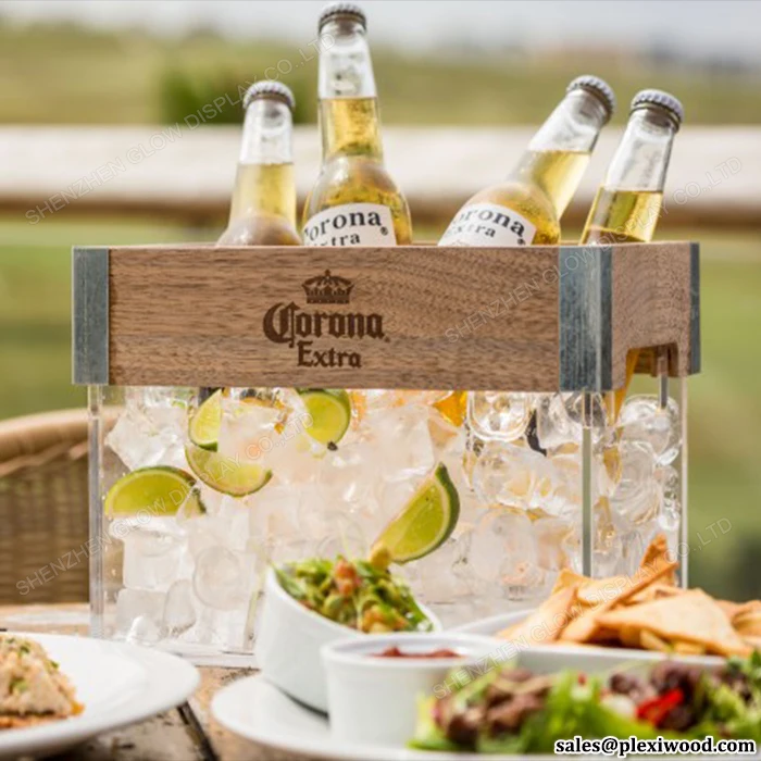 LED Lighted Acrylic Wood Corona Extra Light Beer Ice Bucket with Metal Corners