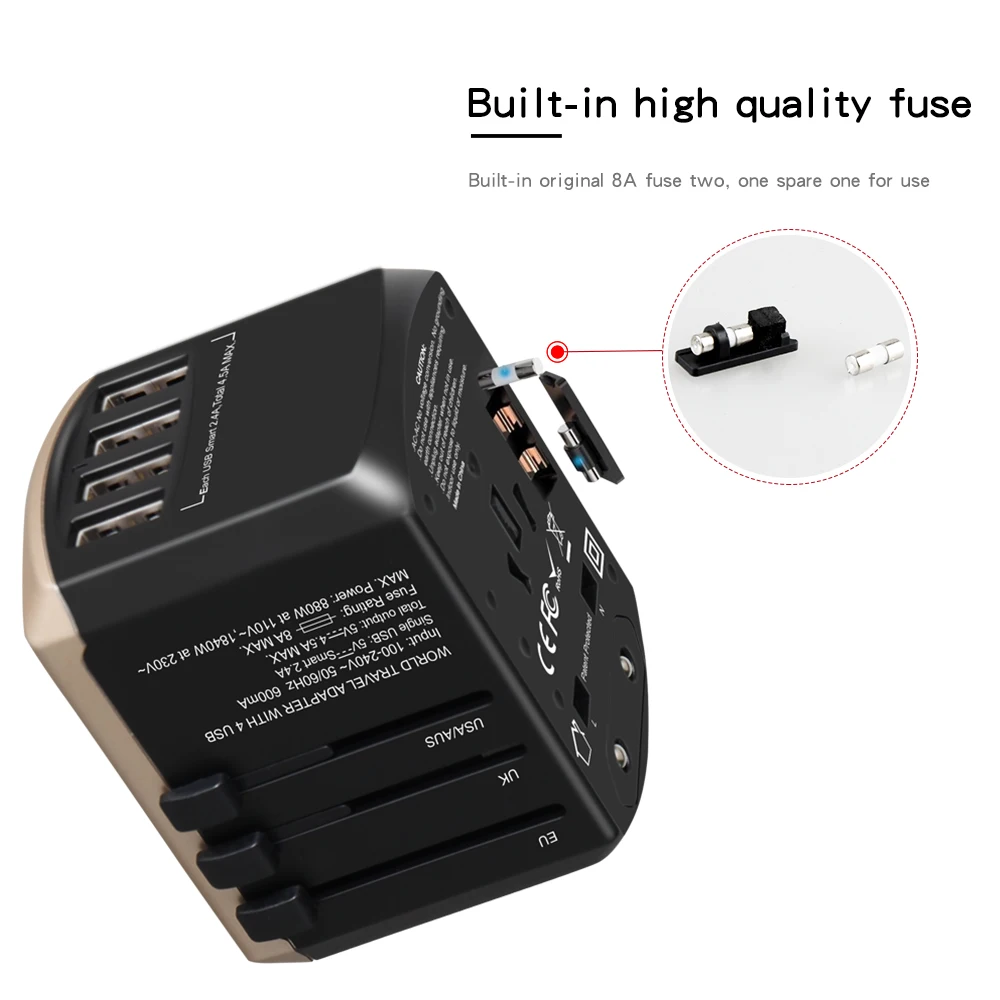 International travel adapter and 4USB port 3400mA world fast charger socket