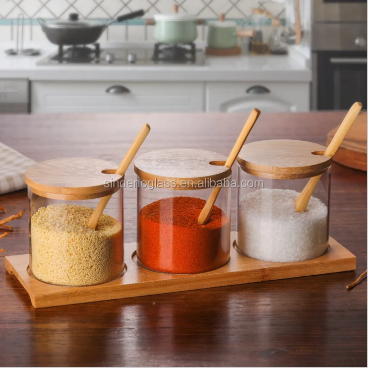 Condiment Container Seasoning Box Pot 3pcs Spice Kitchen Glass Jar Set with Bamboo Spoon Lid and Base