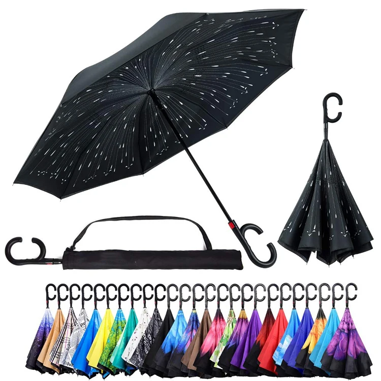 Wholesale Double Layer Upside Down Meteor Fireworks Inverted Reverse Umbrella With C Handle