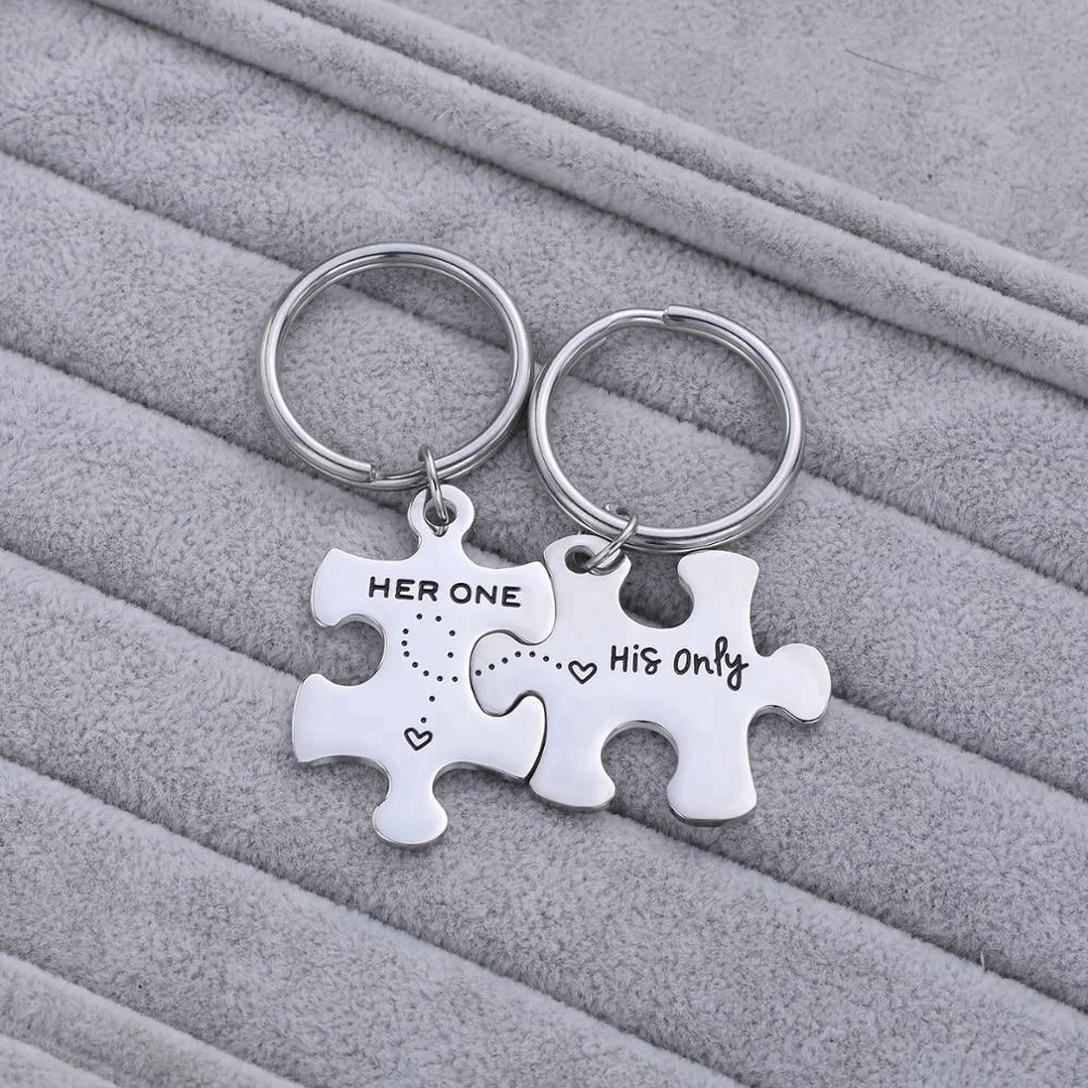 316L Stainless Steel Jewelry Puzzle Piece Keychain HER ONE HIS ONLY Couple Keychain