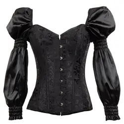 Victorian Retro Corsets And Bustiers With Puff Long Sleeve Black Gothic Corset Plus Size Korsett For Women Steampunk Clothing