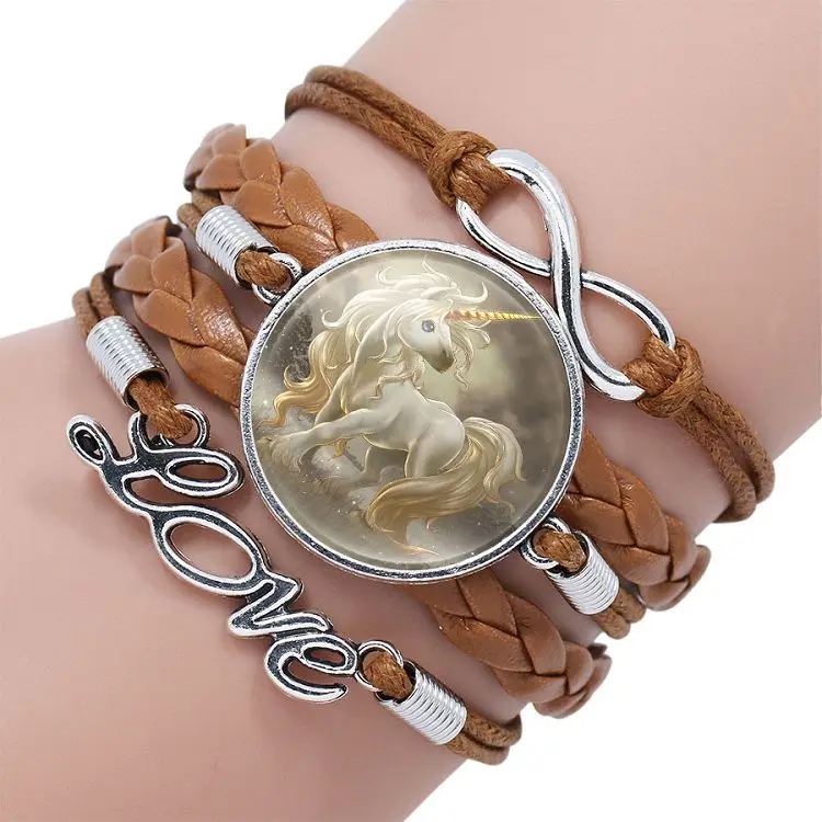 Hot sale time gem glass bracelet cartoon unicorn braided leather bracelet