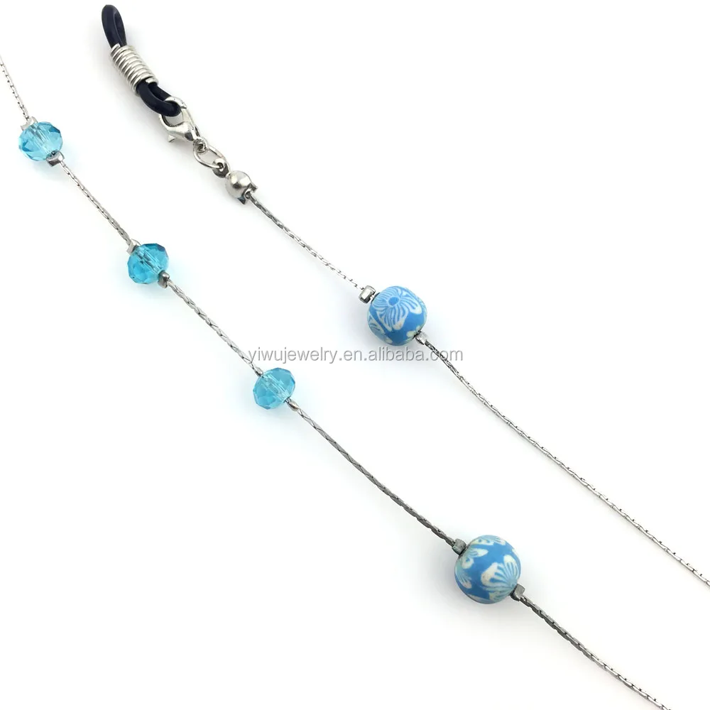 GL223 Cool Blue Crystal Flower Beads Glassed Chains Strap Kids Eyeglasses Accessories