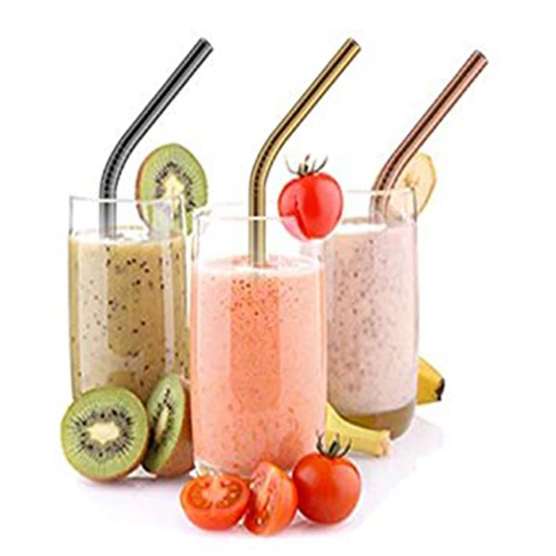 8.5  9 Inch Stainless Bent Recycled Metal multi Chrome Color Titanium Coating Reusable Drinking Straws with brush