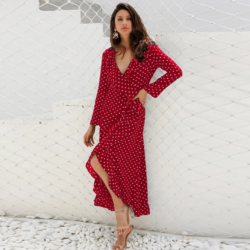 Womens Summer Boho Casual Dress Vintage Long Sleeve Polka Dot Ruffle V Neck Split Maxi Dress