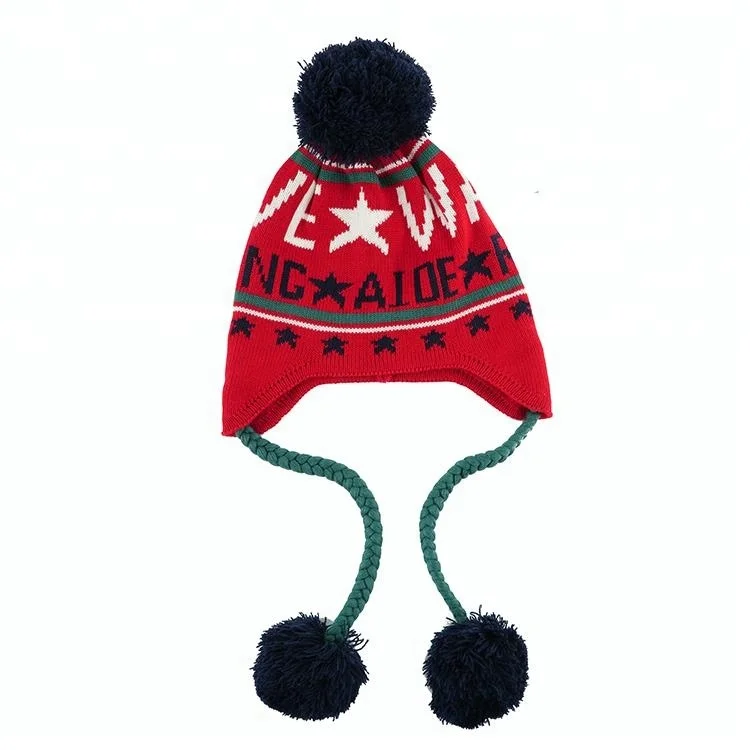 Children Soft Warm Knitted Ear Flap Pompom Beanie Hats For Winter Fall Spring