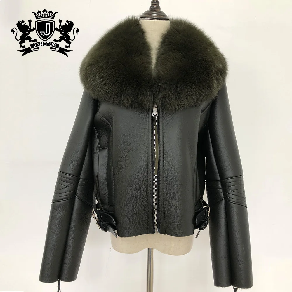 Girls short fur coat double faced real fox fur collars coat sheepskin leather jacket