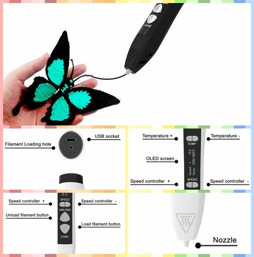 CE ROHS safe digital intelligent 3D printing pen with led display usb charging