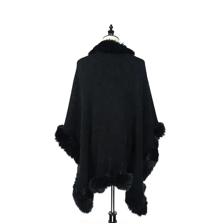 Custom Fake Fur Brim Soft Hand Feeling Knit Cardigan Poncho For Women,Cape For Women,Wrap Shawl For Women