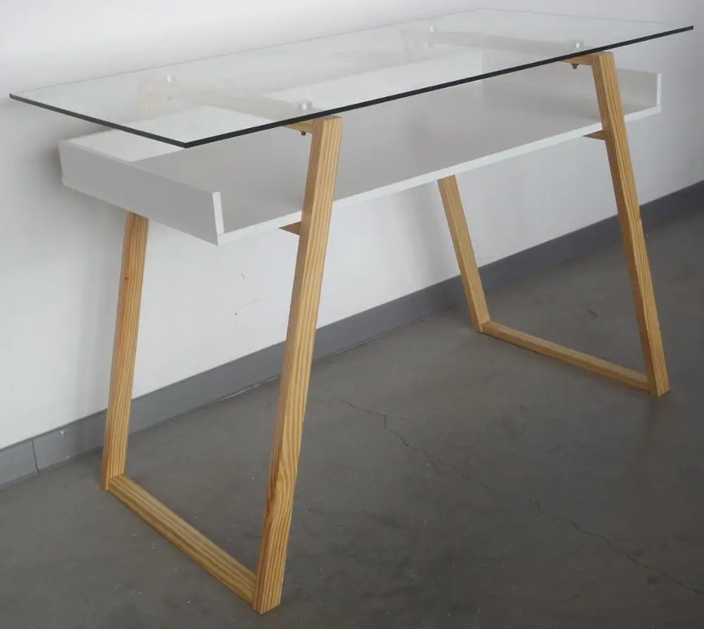 New design wood leg computer study table glass top study writing desk with drawer