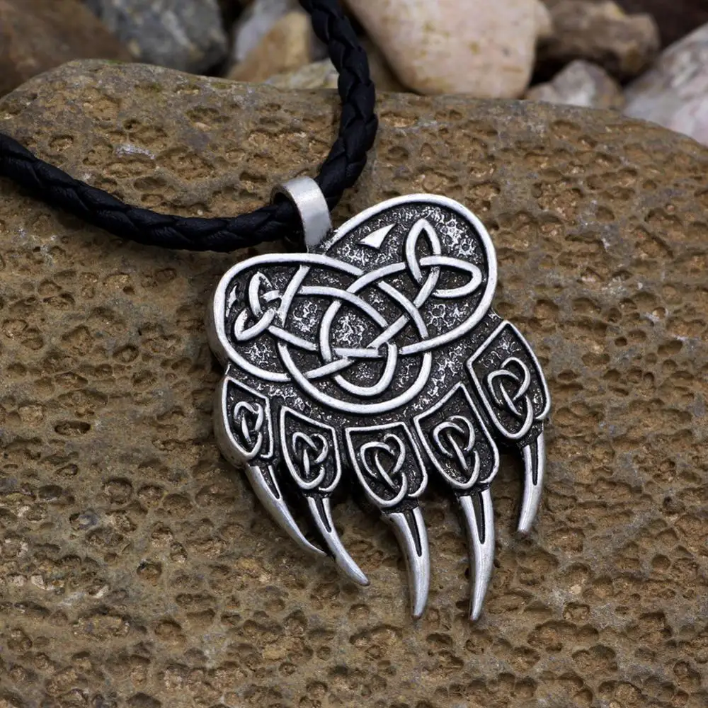 Vikings Runes Amulet Pendant Bear paw claw Veles Symbol Knot Animal men jewelry Scandinavian Talisman Necklace