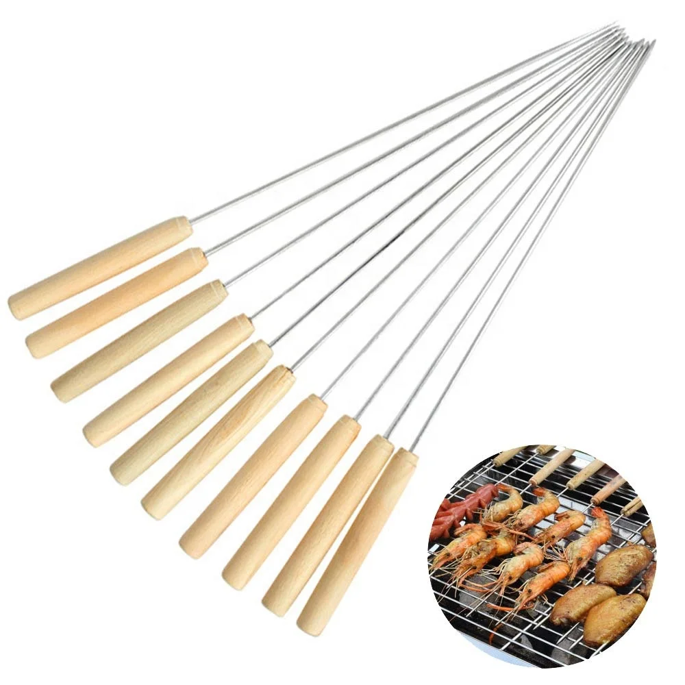 
Шпажки из нержавеющей стали для барбекю с деревянной ручкой/аксессуары для барбекю Набор антипригарных шампуров для барбекю