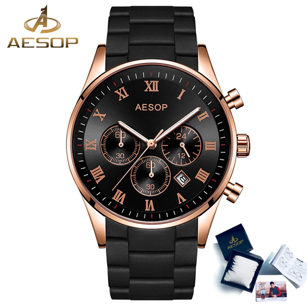 AESOP Black Men Watch Quartz Wristwatch Silicon and Alloy Band Fashion Male Clock Wrist Waterproof watches
