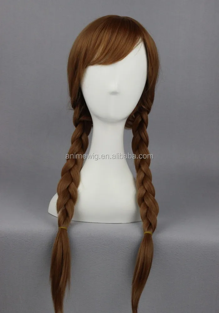 High Quality 55cm Long Brown Mixed Frozen Anna Wig Cosplay Synthetic AnimeTwo Braids Hair Cosplay Wig For Party