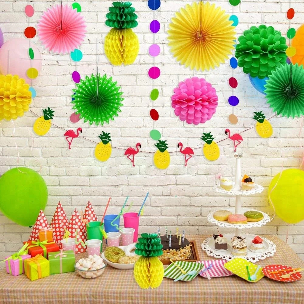Hawaiian Party Decorations Tissue Pineapples Paper Pom Poms Flowers Tissue Paper Fan Polka Dot Paper Garland Flamingo Pineapple