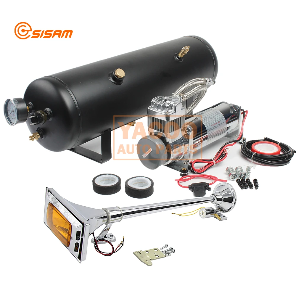 12 V24v One Way Long Pipe Trumpet Air Horn with Light and 12L Big Air Pressure  Compressor Tank Kit for Truck Boat Train