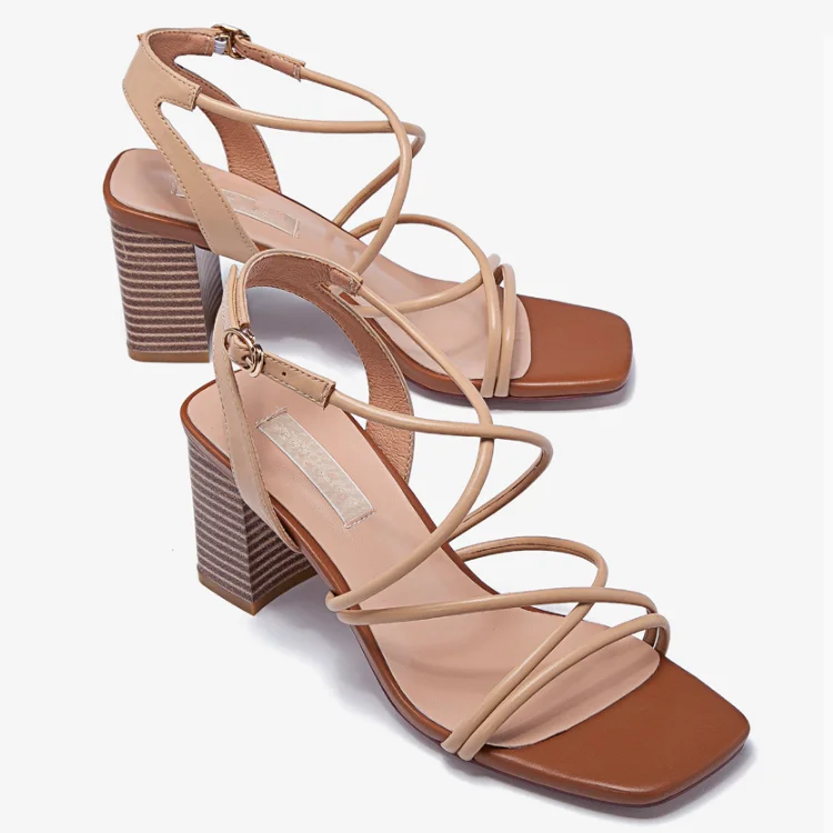 Nude Open Toe Middle Block Heel Cross Strap Dress Sandal Women Shoes