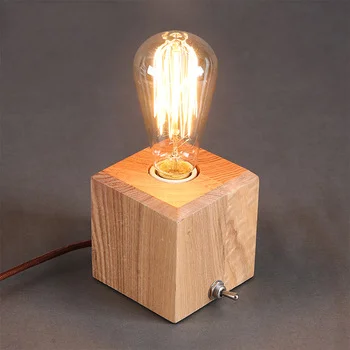 Tonghua Vintage Cubic Natural Wood Filament Light with Bulb Holder E26 E27 Retro Bedroom Table Lamp Desk Light