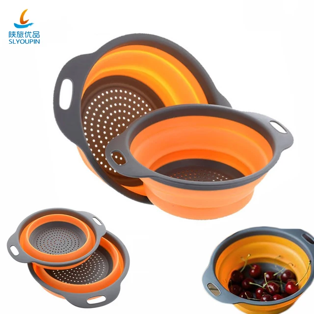 TPR Plastic Foldable Colander Sets Fruit Vegetable Washing Basket Strainer Collapsible Drainer With Handle