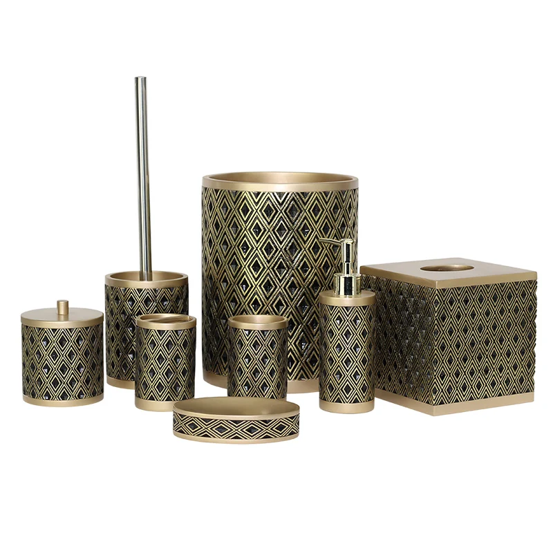 BX Group popular golden 6 pcs polyresin bathroom accessories set with trash can