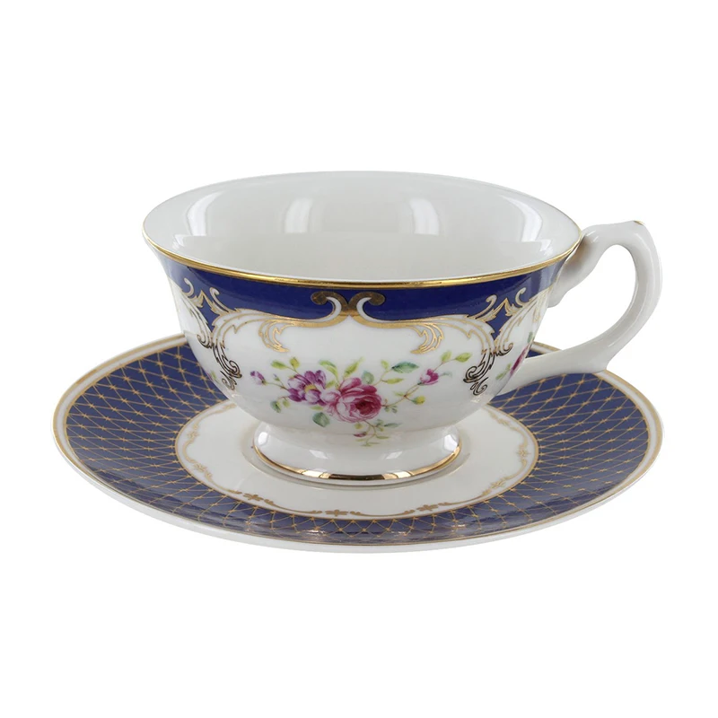 Blue rose luxury porcelain ceramic tea cup and saucer set