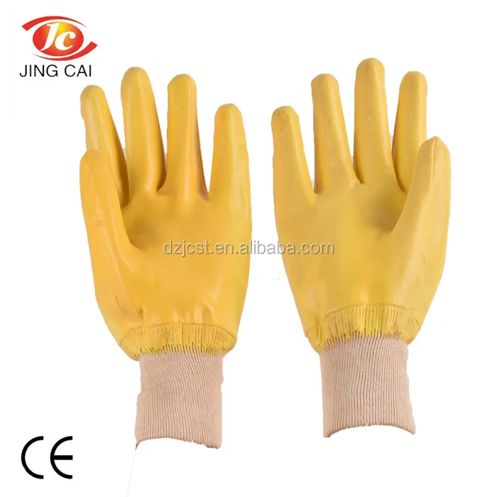 JingCai 	2021 new arrival yellow latex working glove jersey lining wrinkling knit wrist glove