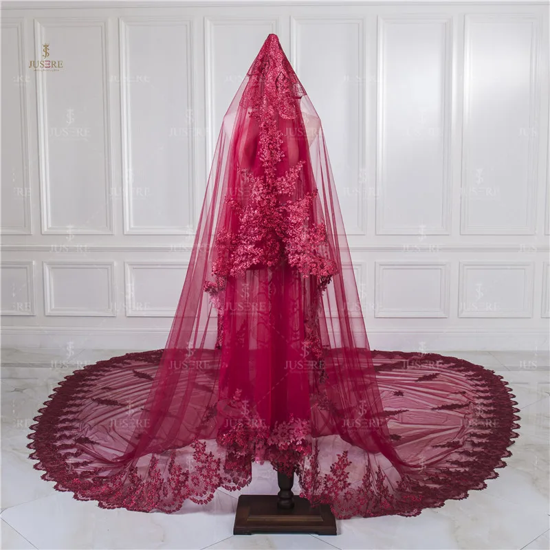 Red Long Cathedral Bridal Wedding Veil With Lace Pattern on Center and Hemline Red Veil Costume
