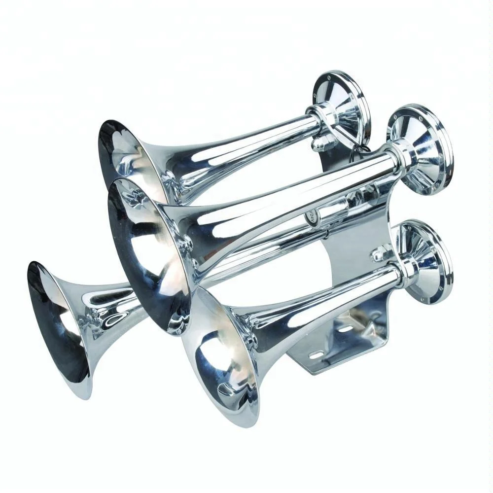 Chrome Very Loud 152dB 4/Four Trumpet Train Sound Air Horn Metal Base