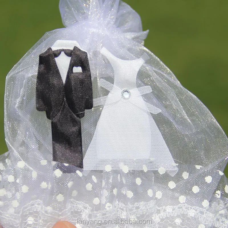 Bride and Groom Stick On Organza Basket Wedding Candy Favor Box Chocolate Bag